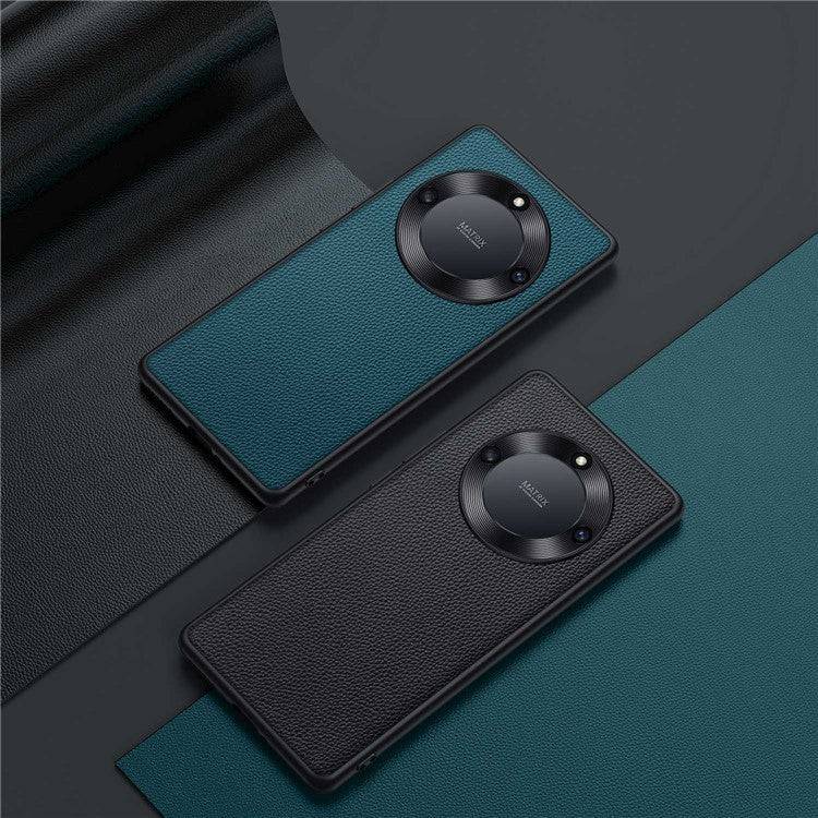 For Honor X40 5G Litchi Texture Anti-slip Phone Case Cowhide Genuine Leather Coated TPU Back Cover with Metal Camera Frame - Cyan