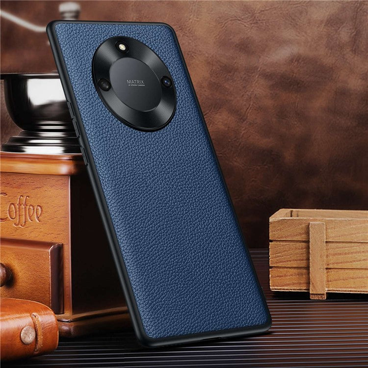 For Honor X40 5G Litchi Texture Anti-slip Phone Case Cowhide Genuine Leather Coated TPU Back Cover with Metal Camera Frame - Sapphire