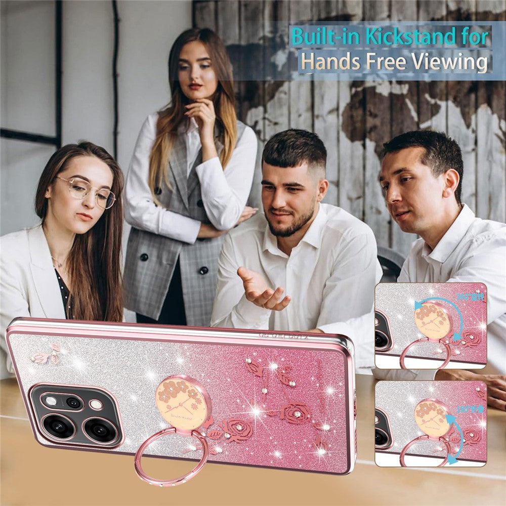 KADEM For Oppo Reno14 Pro 5G (Global) Case Ring Kickstand TPU Flowers Phone Cover Gradient Glitter - Rose Gold