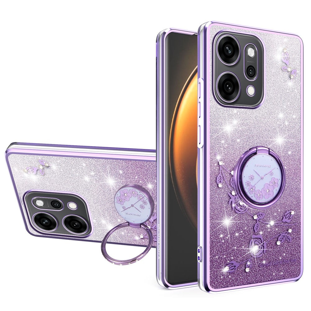 KADEM For Oppo Reno14 Pro 5G (Global) Case Ring Kickstand TPU Flowers Phone Cover Gradient Glitter - Purple