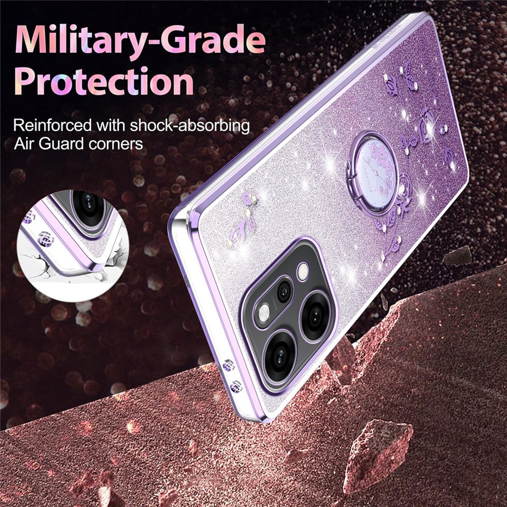 KADEM For Oppo Reno14 Pro 5G (Global) Case Ring Kickstand TPU Flowers Phone Cover Gradient Glitter - Purple
