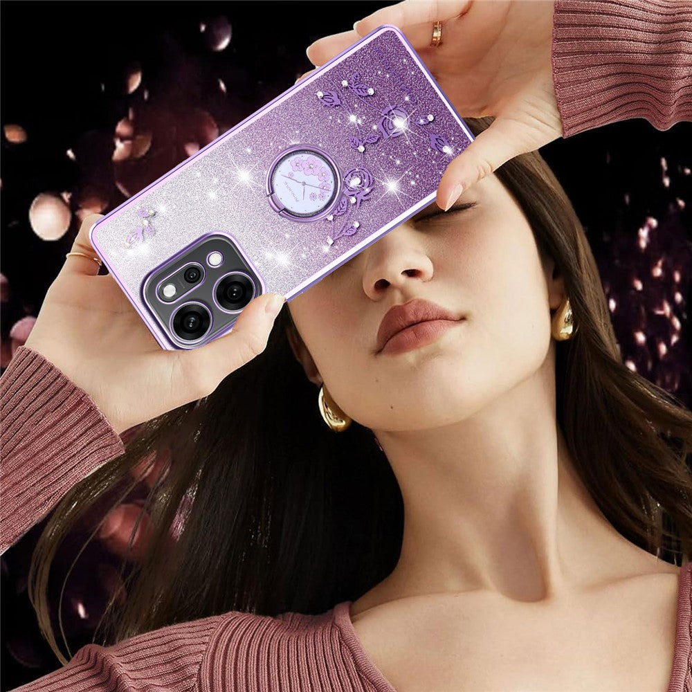 KADEM For Oppo Reno14 Pro 5G (Global) Case Ring Kickstand TPU Flowers Phone Cover Gradient Glitter - Purple