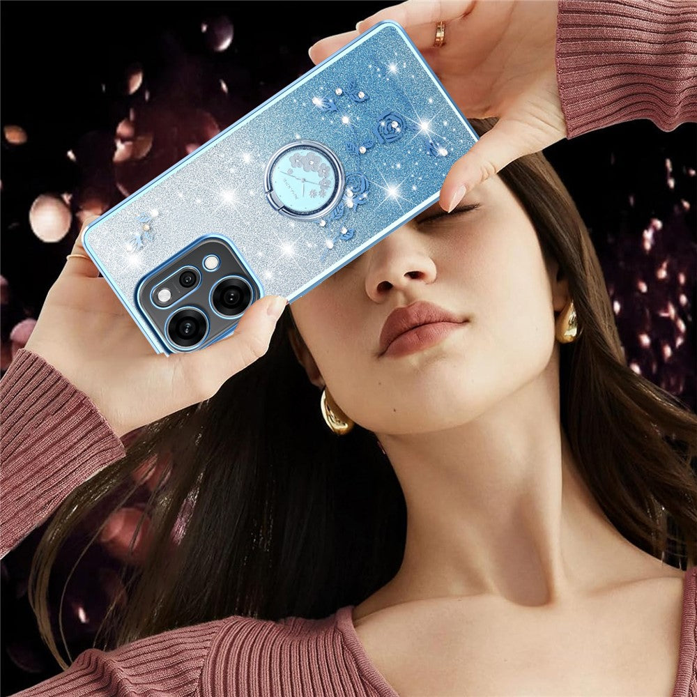 KADEM For Oppo Reno14 5G (Global) Case Ring Kickstand TPU Flowers Phone Cover Gradient Glitter - Blue