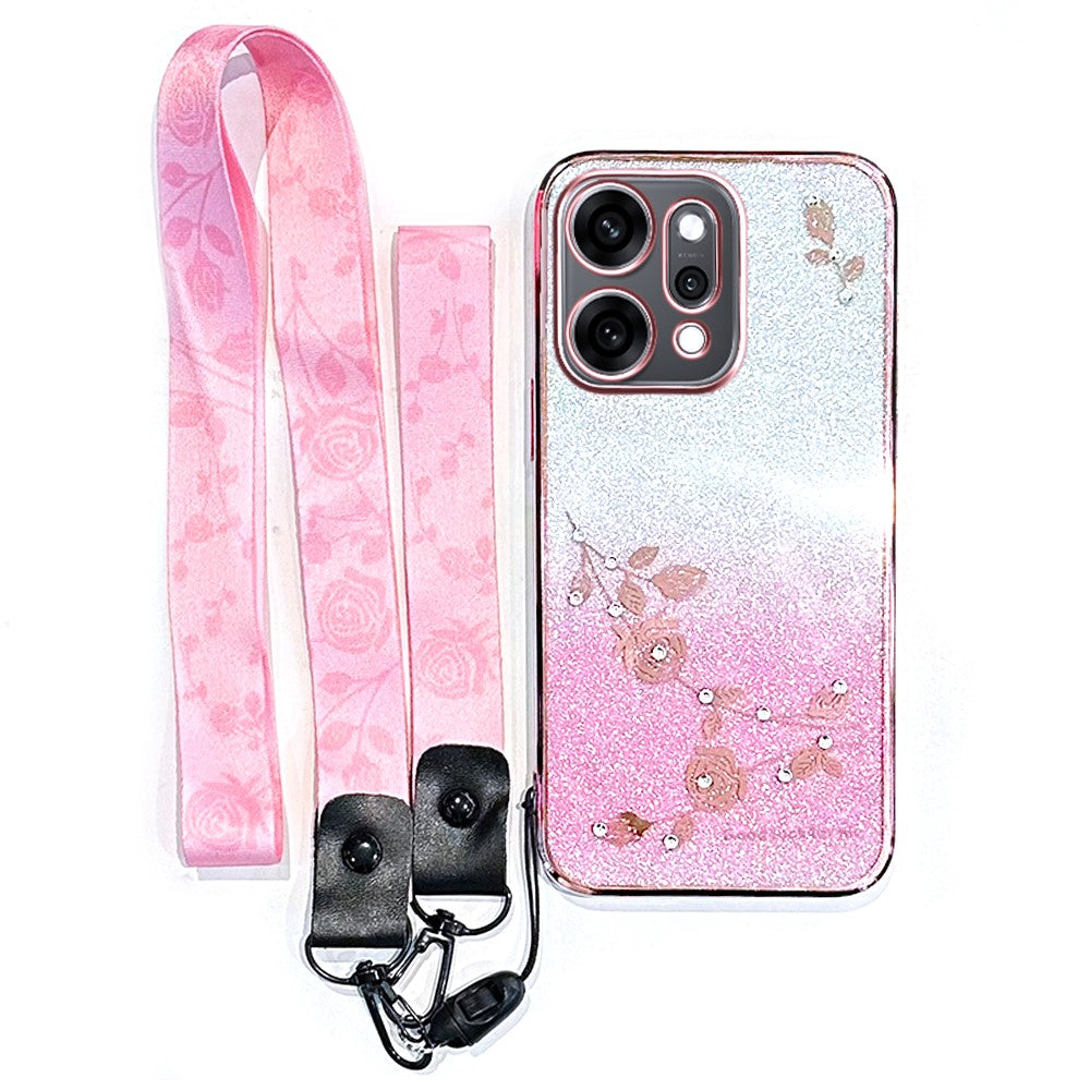 KADEM For Oppo Reno14 Pro 5G (Global) Case Flower Pattern TPU Gradient Phone Cover with Lanyards - Rose Gold