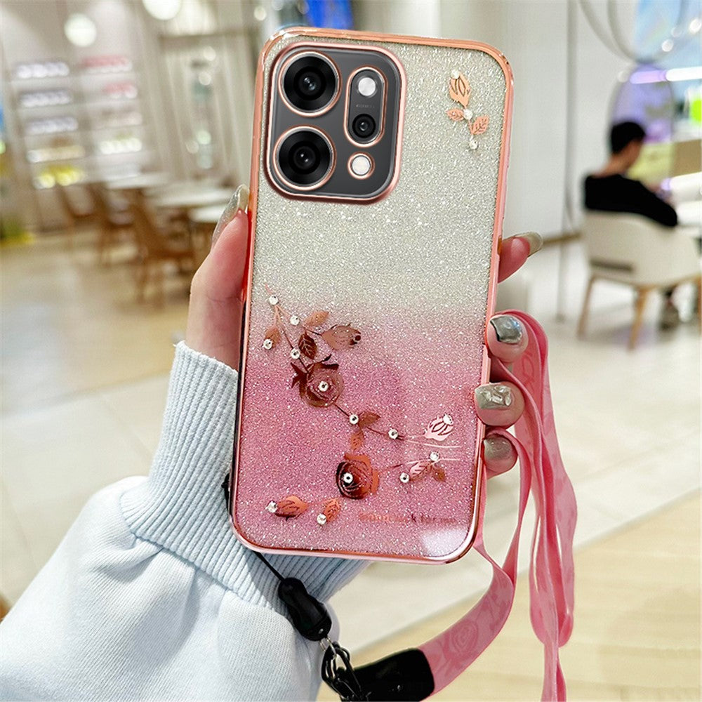 KADEM For Oppo Reno14 Pro 5G (Global) Case Flower Pattern TPU Gradient Phone Cover with Lanyards - Rose Gold