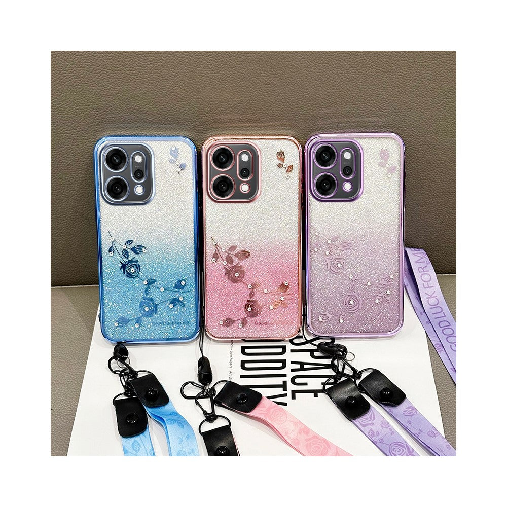 KADEM For Oppo Reno14 5G (Global) Case Flower Pattern TPU Gradient Phone Cover with Lanyards - Rose Gold