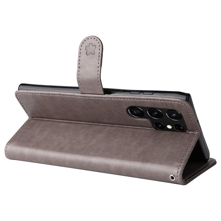 Protective Phone Case For Samsung Galaxy S23 Ultra, KT Imprinting Flower Series-4 Stand Wallet Imprinted Cat and Bee Pattern PU Leather Phone Cover with Strap - Grey