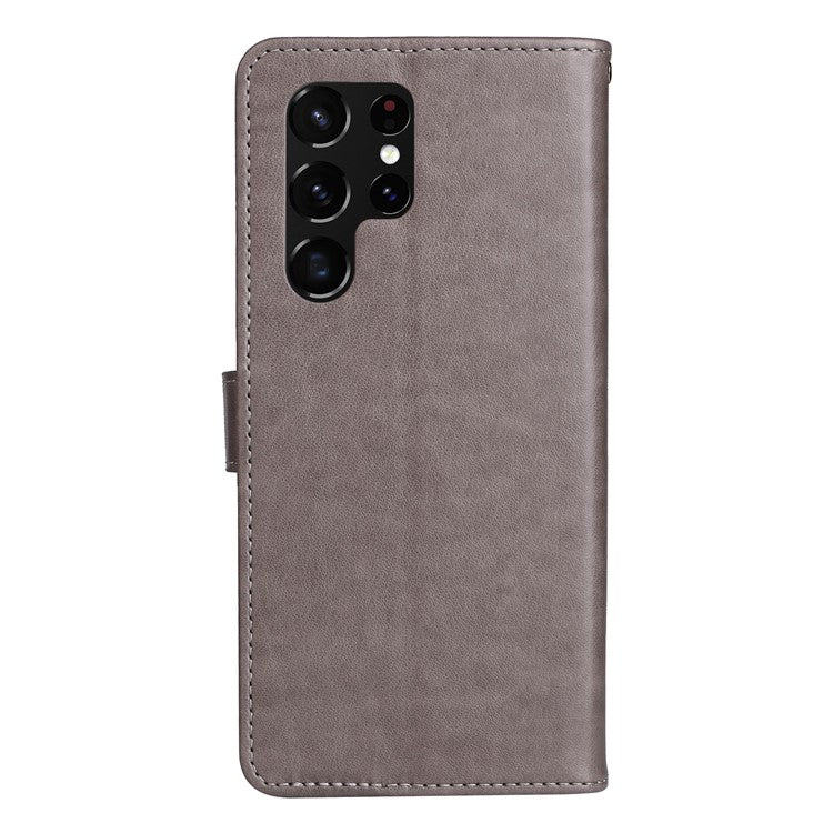 Protective Phone Case For Samsung Galaxy S23 Ultra, KT Imprinting Flower Series-4 Stand Wallet Imprinted Cat and Bee Pattern PU Leather Phone Cover with Strap - Grey
