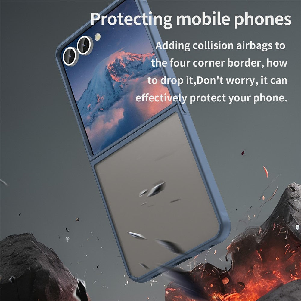 For Samsung Galaxy Z Flip7 5G Case Drop Proof Airbags Frosted Translucent PC + TPU Phone Back Cover - Blue