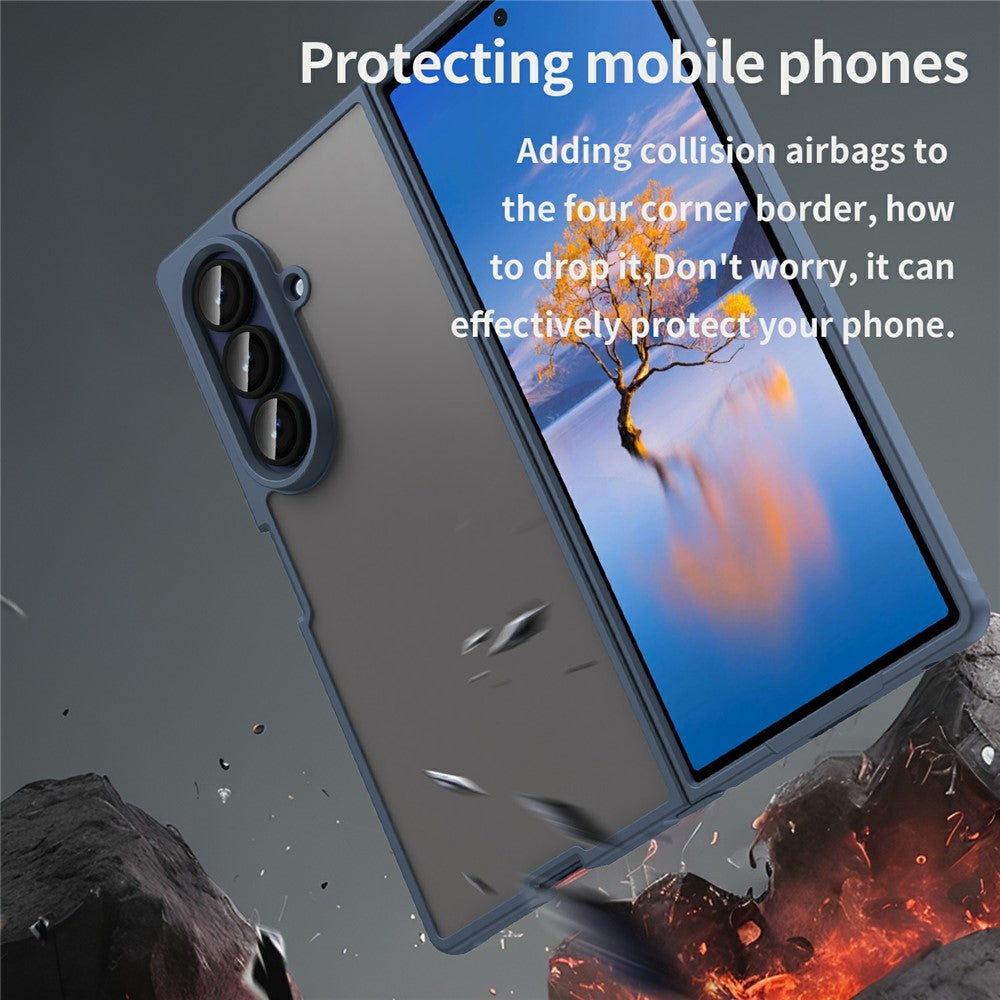 For Samsung Galaxy Z Fold7 5G Case Drop Proof Airbags Frosted Translucent PC + TPU Phone Back Cover - Blue