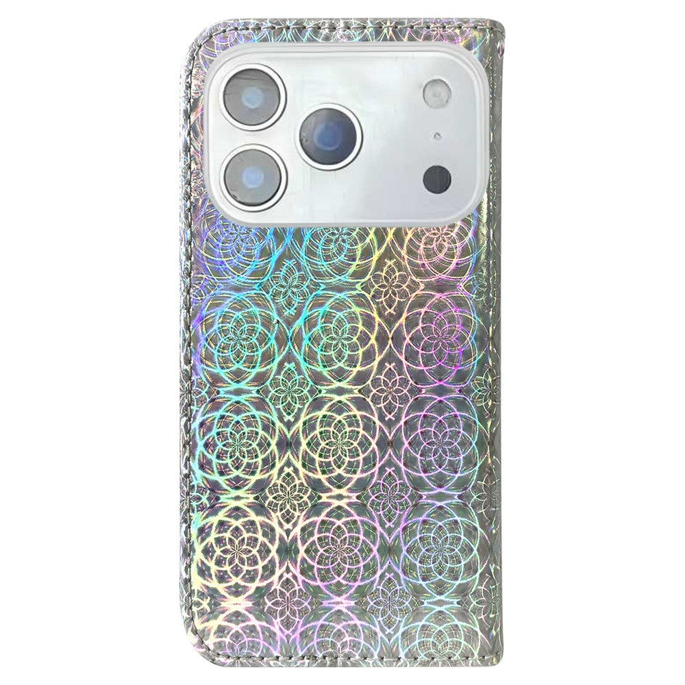 For iPhone 17 Pro Max Stand Case Dazzling Flower Leather Phone Cover with Wrist Strap - Grey