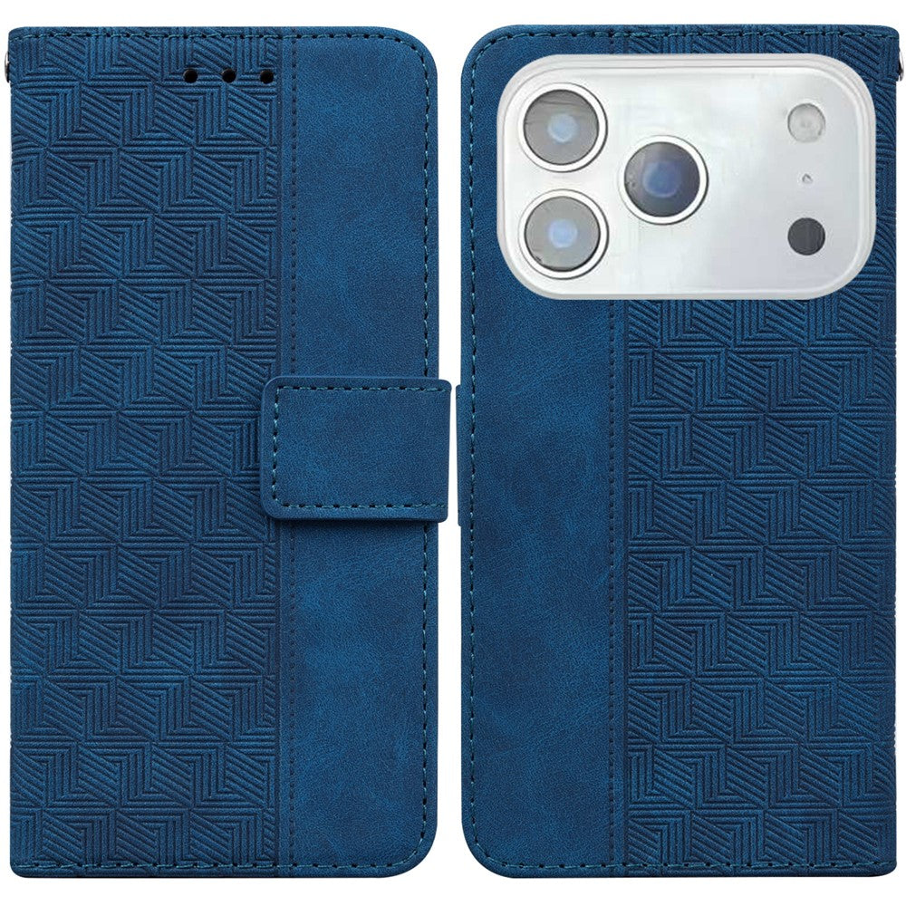 For iPhone 17 Pro Max Case Geometry Pattern Leather Wallet Phone Cover with Wrist Strap - Blue