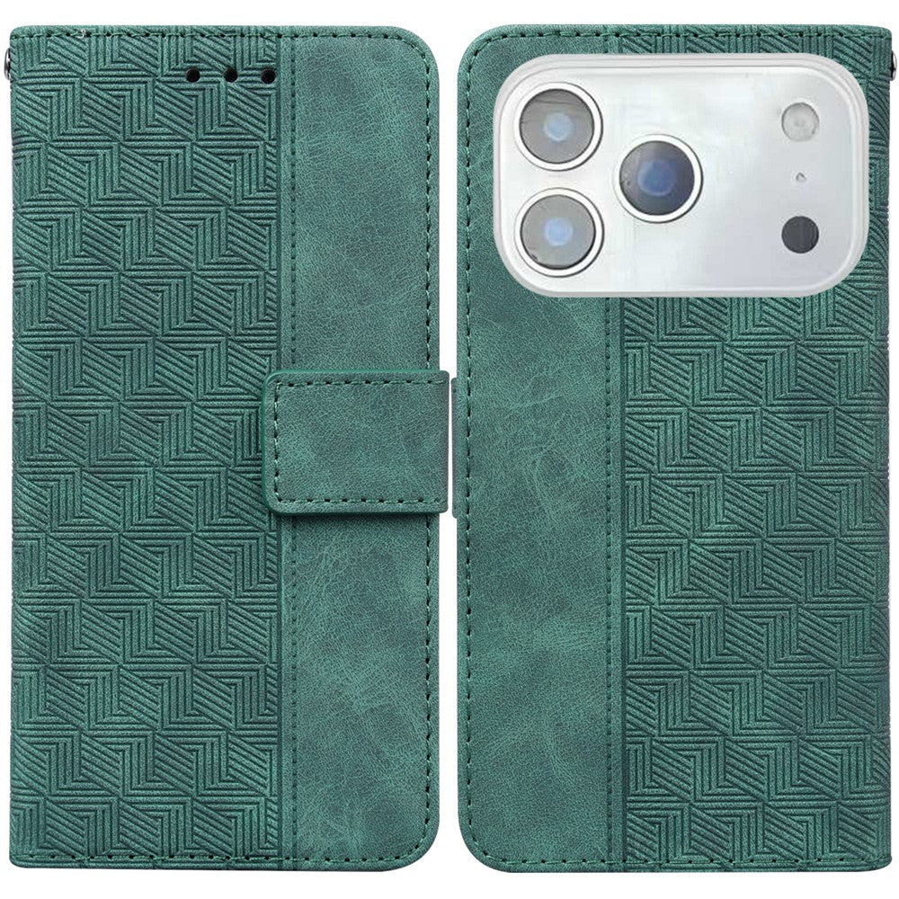 For iPhone 17 Pro Max Case Geometry Pattern Leather Wallet Phone Cover with Wrist Strap - Green