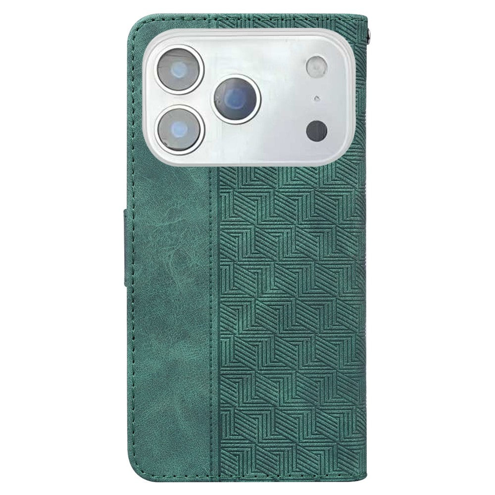 For iPhone 17 Pro Max Case Geometry Pattern Leather Wallet Phone Cover with Wrist Strap - Green
