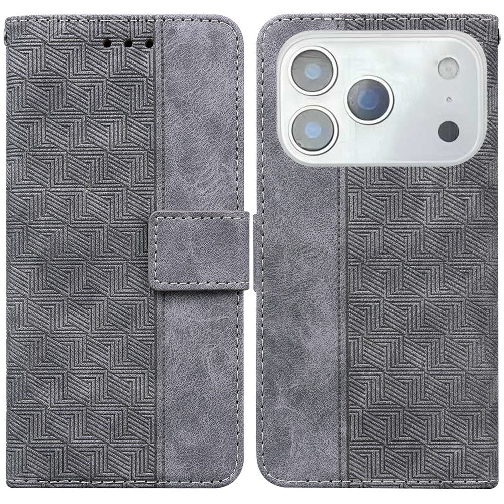 For iPhone 17 Pro Max Case Geometry Pattern Leather Wallet Phone Cover with Wrist Strap - Grey