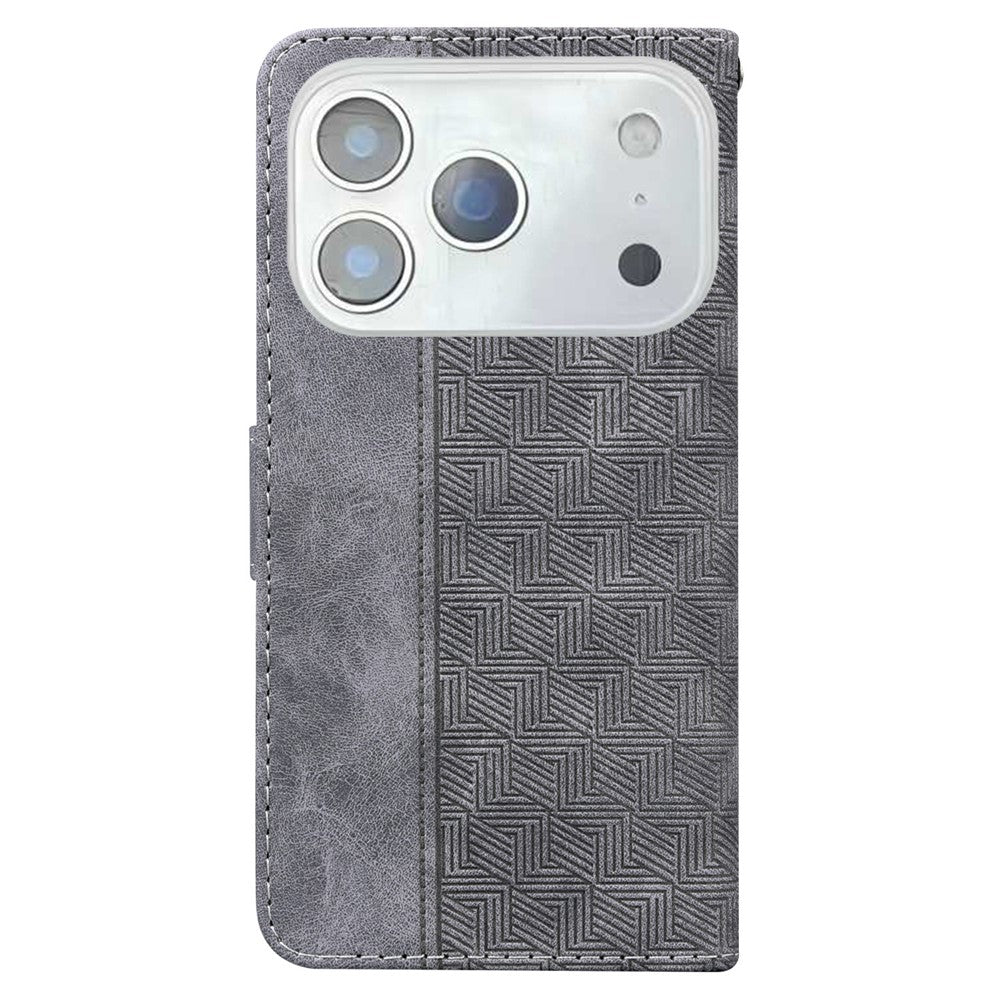 For iPhone 17 Pro Max Case Geometry Pattern Leather Wallet Phone Cover with Wrist Strap - Grey