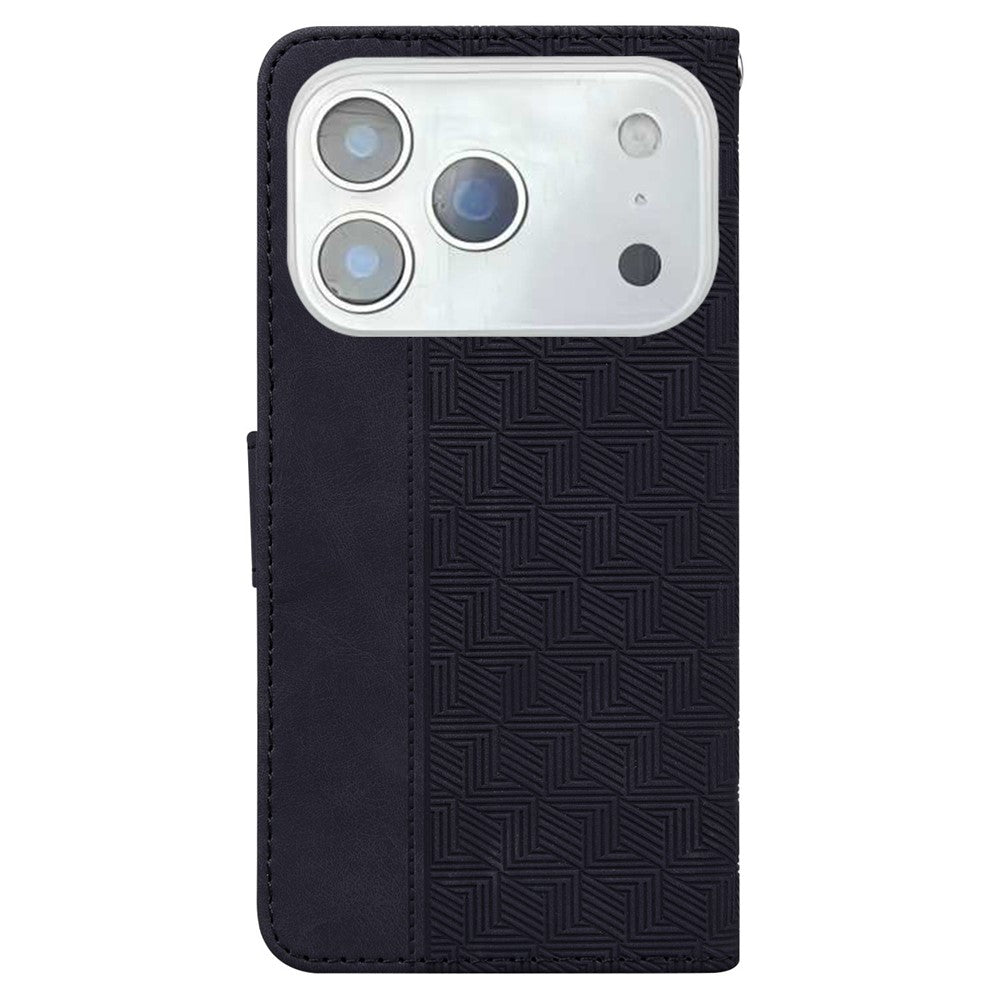 For iPhone 17 Pro Max Case Geometry Pattern Leather Wallet Phone Cover with Wrist Strap - Black