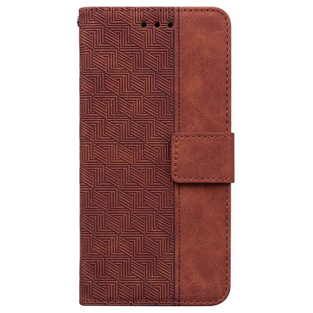For iPhone 17 Pro Max Case Geometry Pattern Leather Wallet Phone Cover with Wrist Strap - Brown