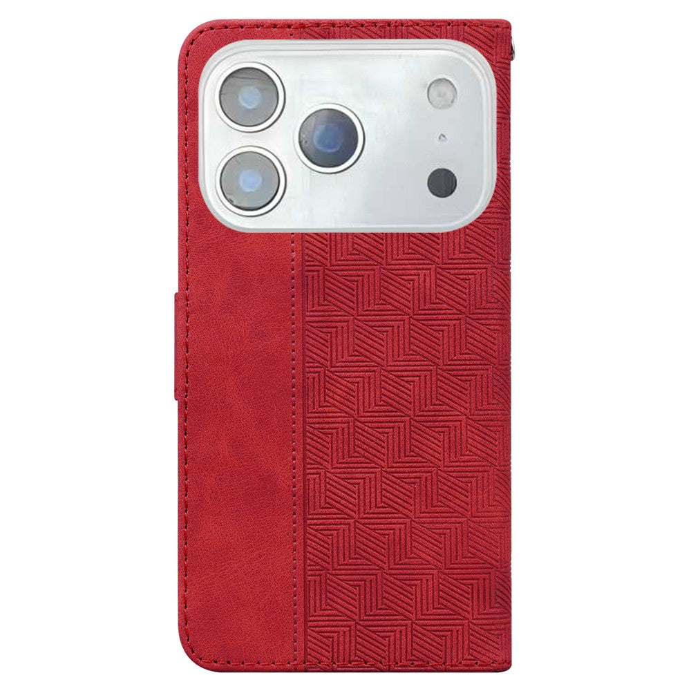 For iPhone 17 Pro Max Case Geometry Pattern Leather Wallet Phone Cover with Wrist Strap - Red