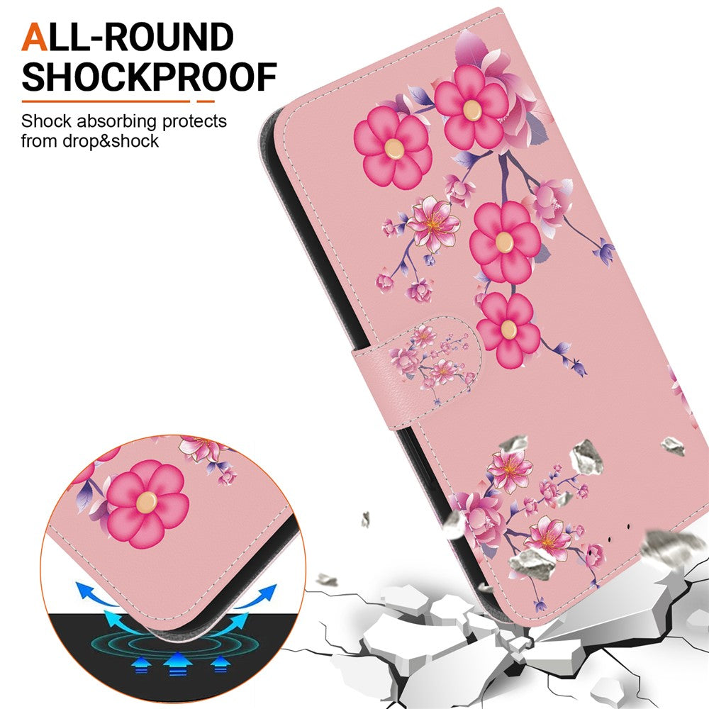 For iPhone 17 Pro Max Wallet Phone Case Anti-Drop Leather Flip Cover Pattern Printing with Strap - Sakura