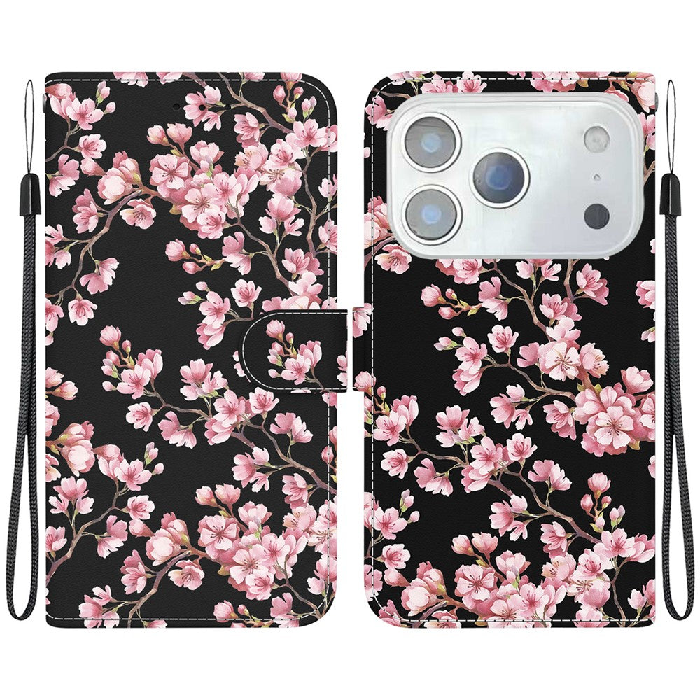 For iPhone 17 Pro Max Wallet Phone Case Anti-Drop Leather Flip Cover Pattern Printing with Strap - Plum Blossom