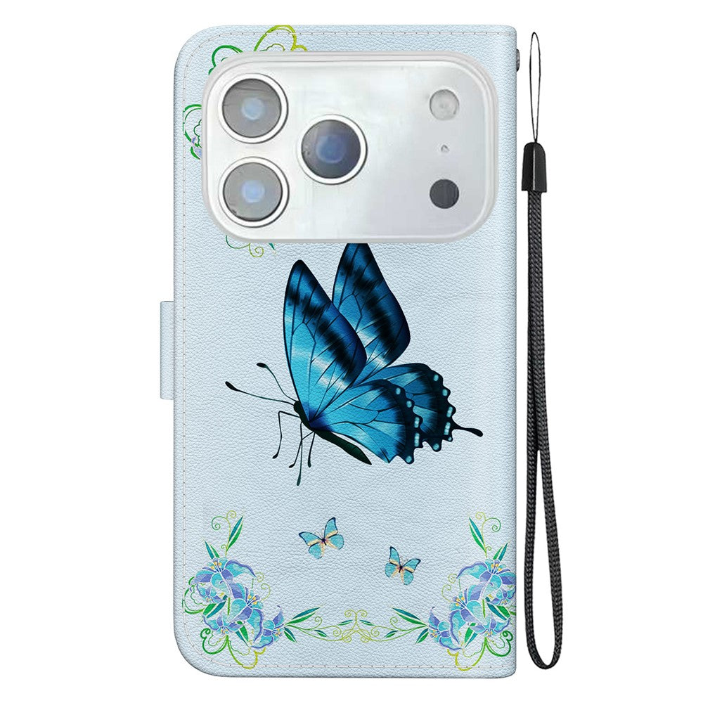 For iPhone 17 Pro Max Wallet Phone Case Anti-Drop Leather Flip Cover Pattern Printing with Strap - Blue Butterfly Flower