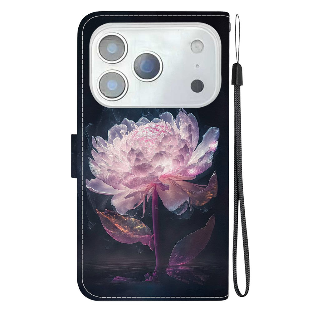 For iPhone 17 Pro Max Wallet Phone Case Anti-Drop Leather Flip Cover Pattern Printing with Strap - Purple Peony