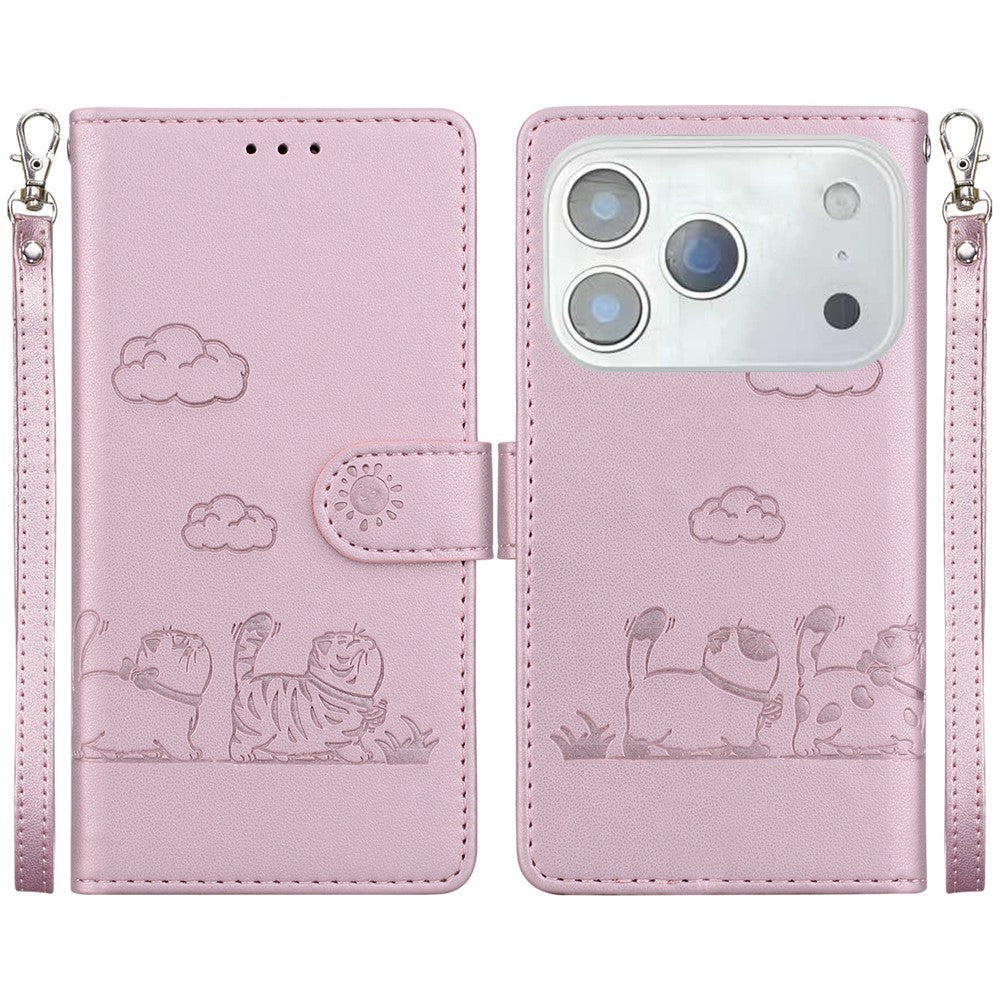 For iPhone 17 Pro Max Case RFID Blocking Kitten Pattern TPU + PU Leather Phone Cover with Wrist Strap - Pink