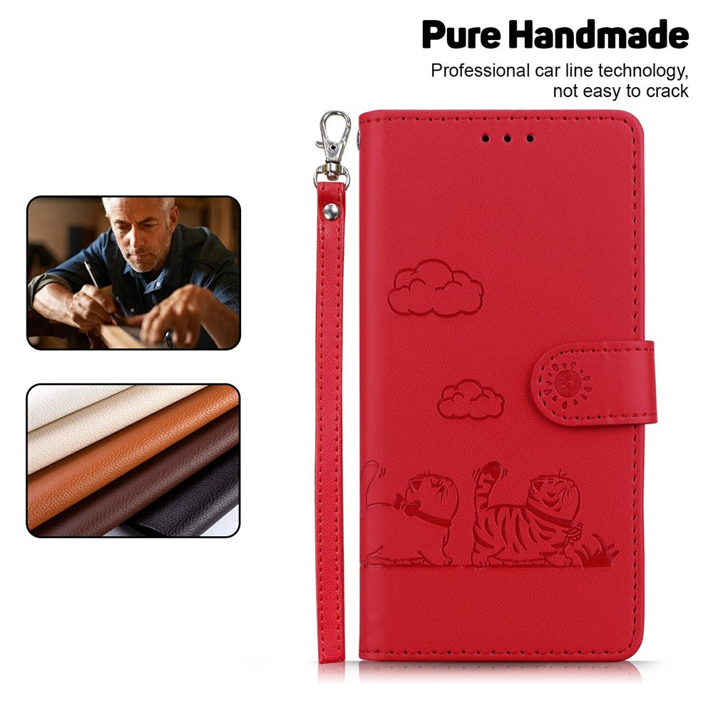 For iPhone 17 Pro Max Case RFID Blocking Kitten Pattern TPU + PU Leather Phone Cover with Wrist Strap - Red