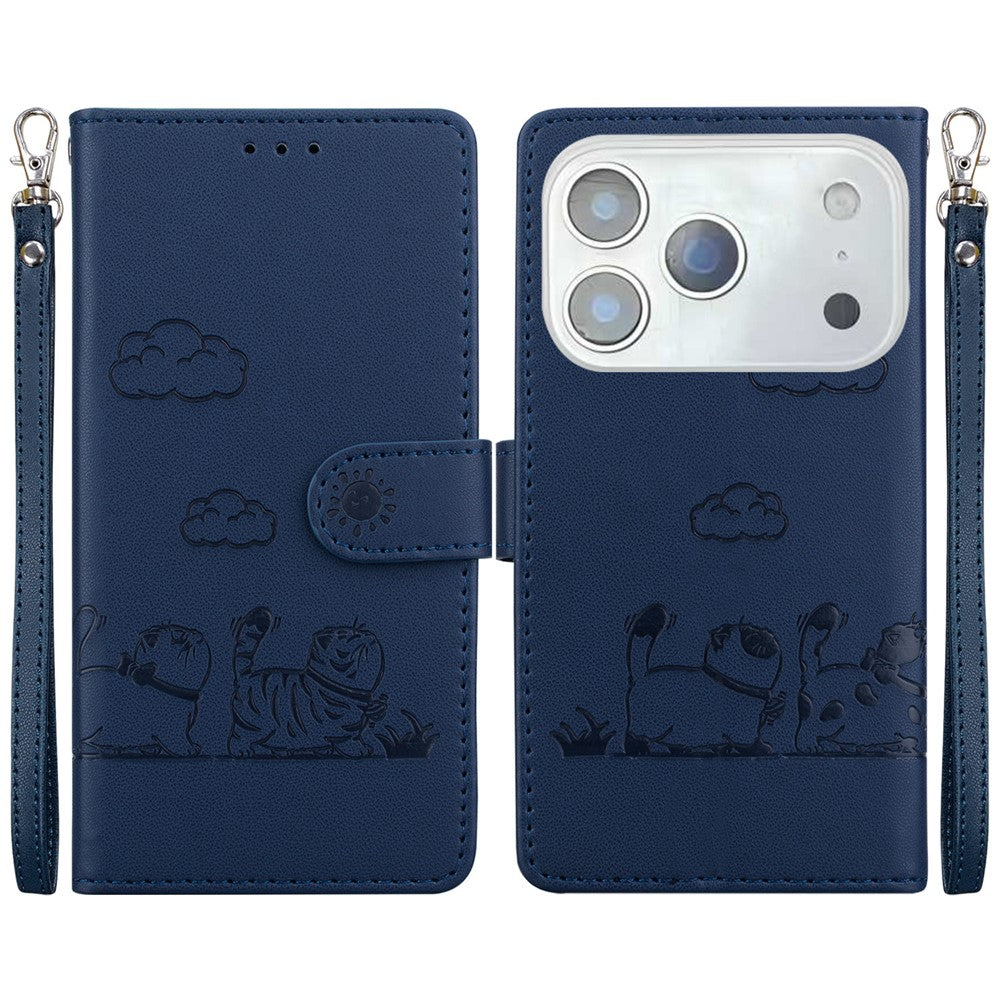 For iPhone 17 Pro Max Case RFID Blocking Kitten Pattern TPU + PU Leather Phone Cover with Wrist Strap - Blue