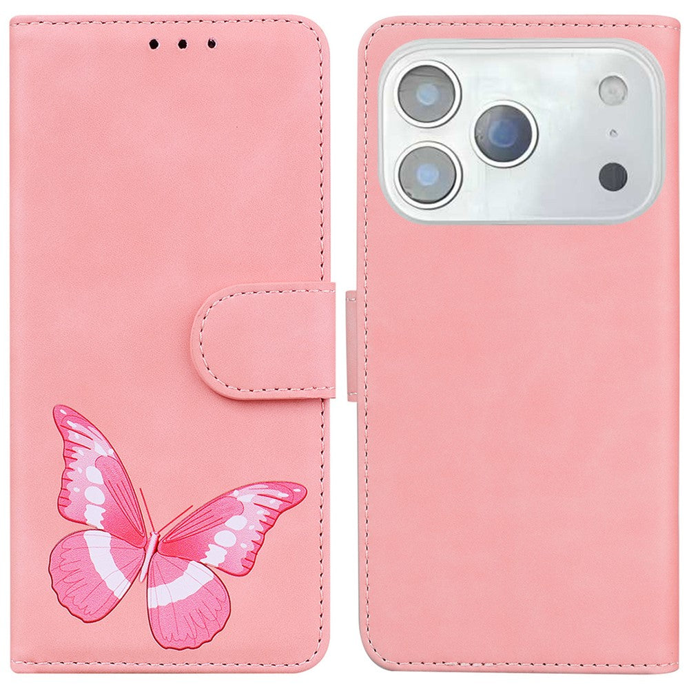 For iPhone 17 Pro Max Stand Case PU Leather Phone Cover Butterfly Printed - Pink