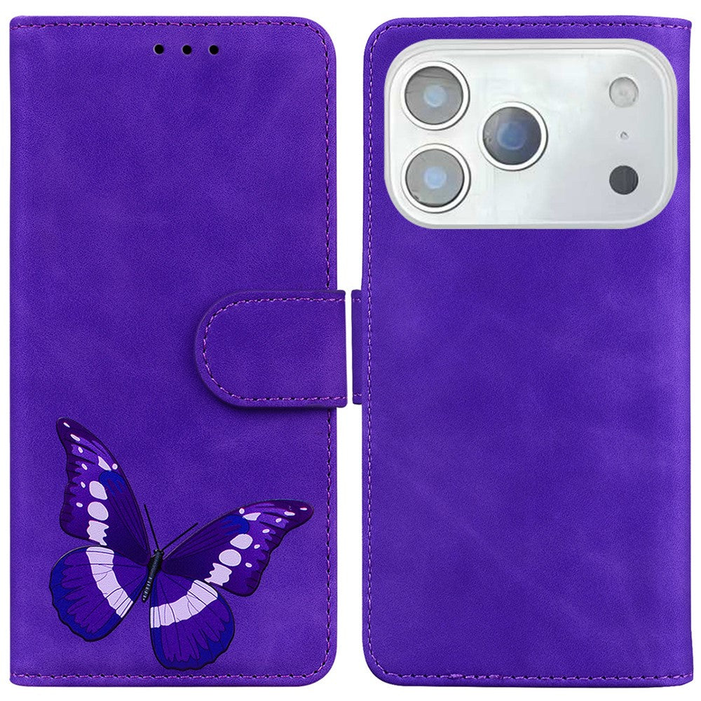 For iPhone 17 Pro Max Stand Case PU Leather Phone Cover Butterfly Printed - Purple