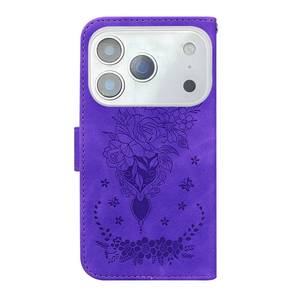 For iPhone 17 Pro Max Case Butterfly Flower Imprint PU Leather Wallet Phone Cover with Strap - Purple