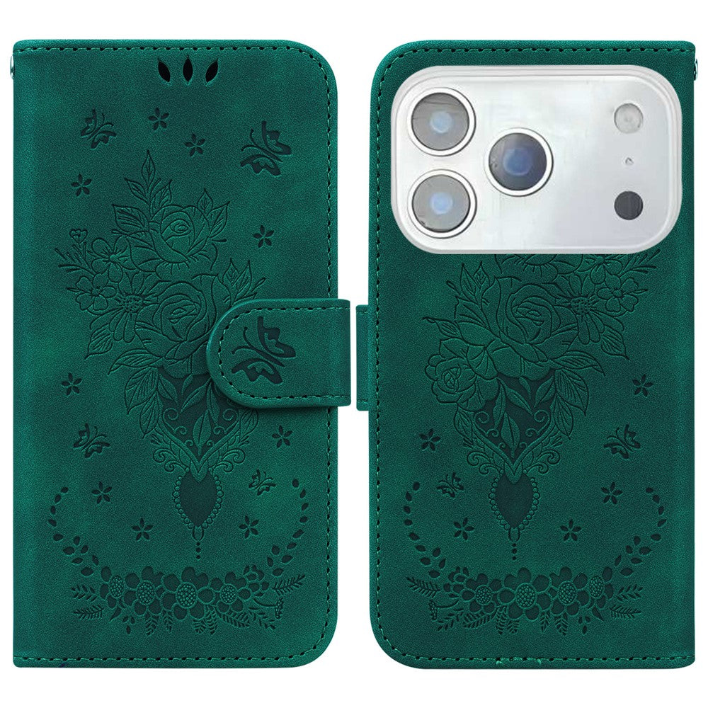 For iPhone 17 Pro Max Case Butterfly Flower Imprint PU Leather Wallet Phone Cover with Strap - Green