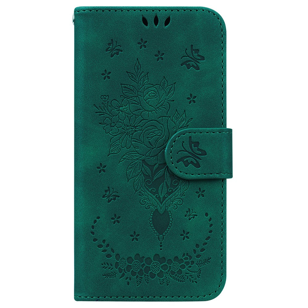 For iPhone 17 Pro Max Case Butterfly Flower Imprint PU Leather Wallet Phone Cover with Strap - Green