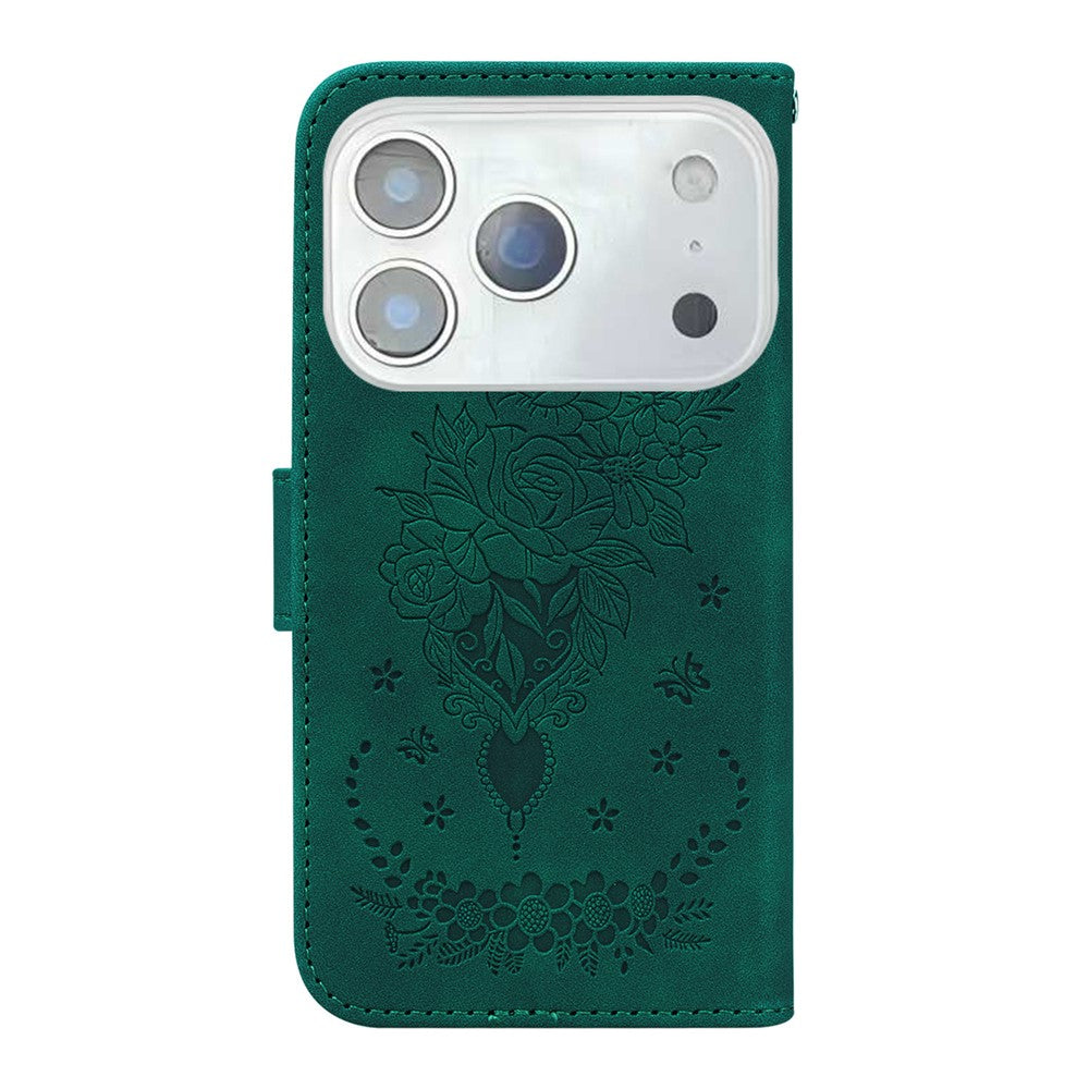 For iPhone 17 Pro Max Case Butterfly Flower Imprint PU Leather Wallet Phone Cover with Strap - Green
