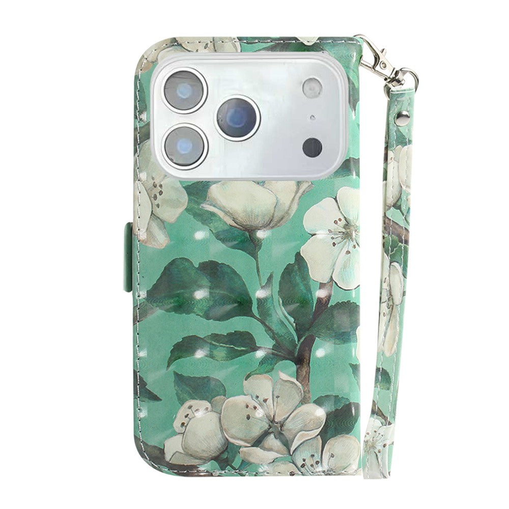 For iPhone 17 Pro Max Case Pattern Printing Leather Wallet Phone Cover with Wrist Strap - Watercolor Flowers