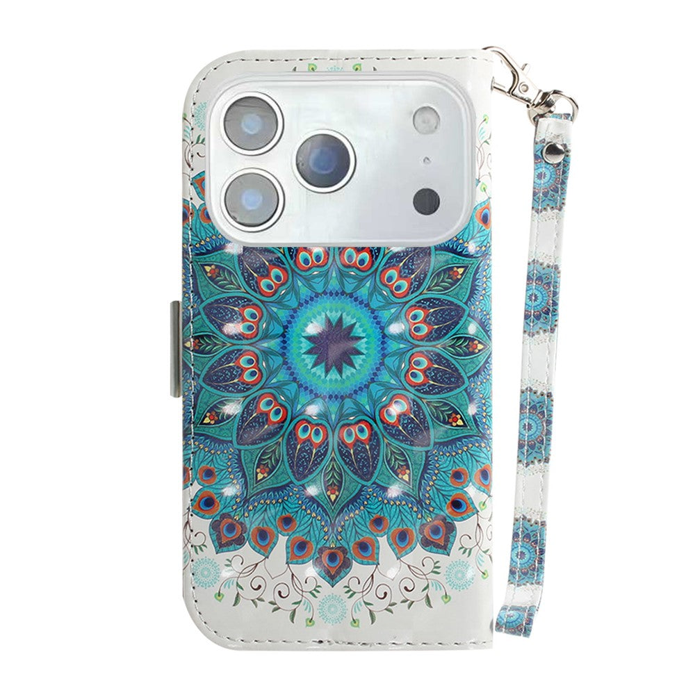 For iPhone 17 Pro Max Case Pattern Printing Leather Wallet Phone Cover with Wrist Strap - Peacock Wreath
