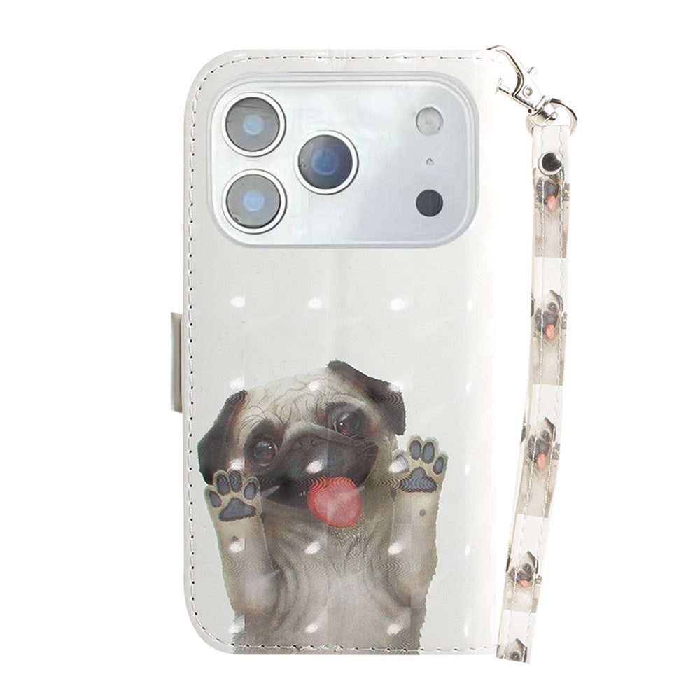 For iPhone 17 Pro Max Case Pattern Printing Leather Wallet Phone Cover with Wrist Strap - Pug