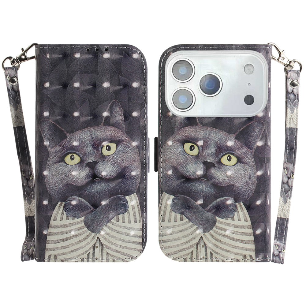For iPhone 17 Pro Max Case Pattern Printing Leather Wallet Phone Cover with Wrist Strap - Embracing Cat