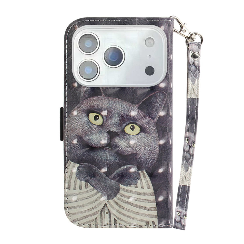 For iPhone 17 Pro Max Case Pattern Printing Leather Wallet Phone Cover with Wrist Strap - Embracing Cat