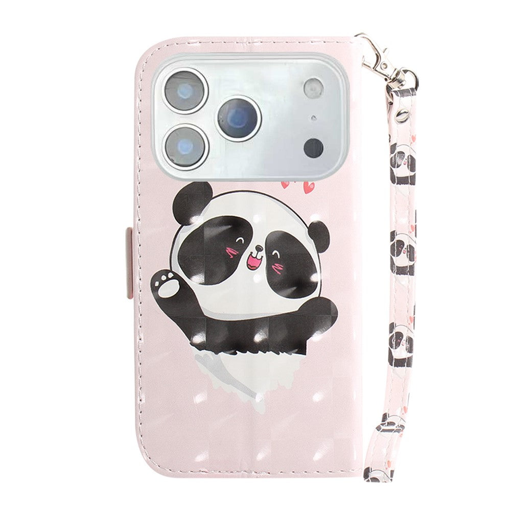 For iPhone 17 Pro Max Case Pattern Printing Leather Wallet Phone Cover with Wrist Strap - Love Heart Panda