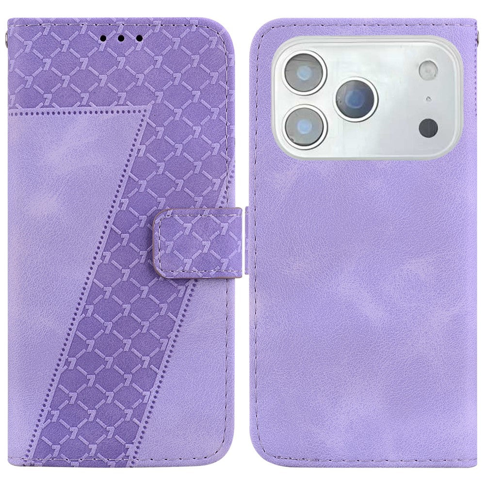 For iPhone 17 Pro Max Stand Case 7-Shaped Pattern Imprint Leather Phone Cover with Strap - Purple