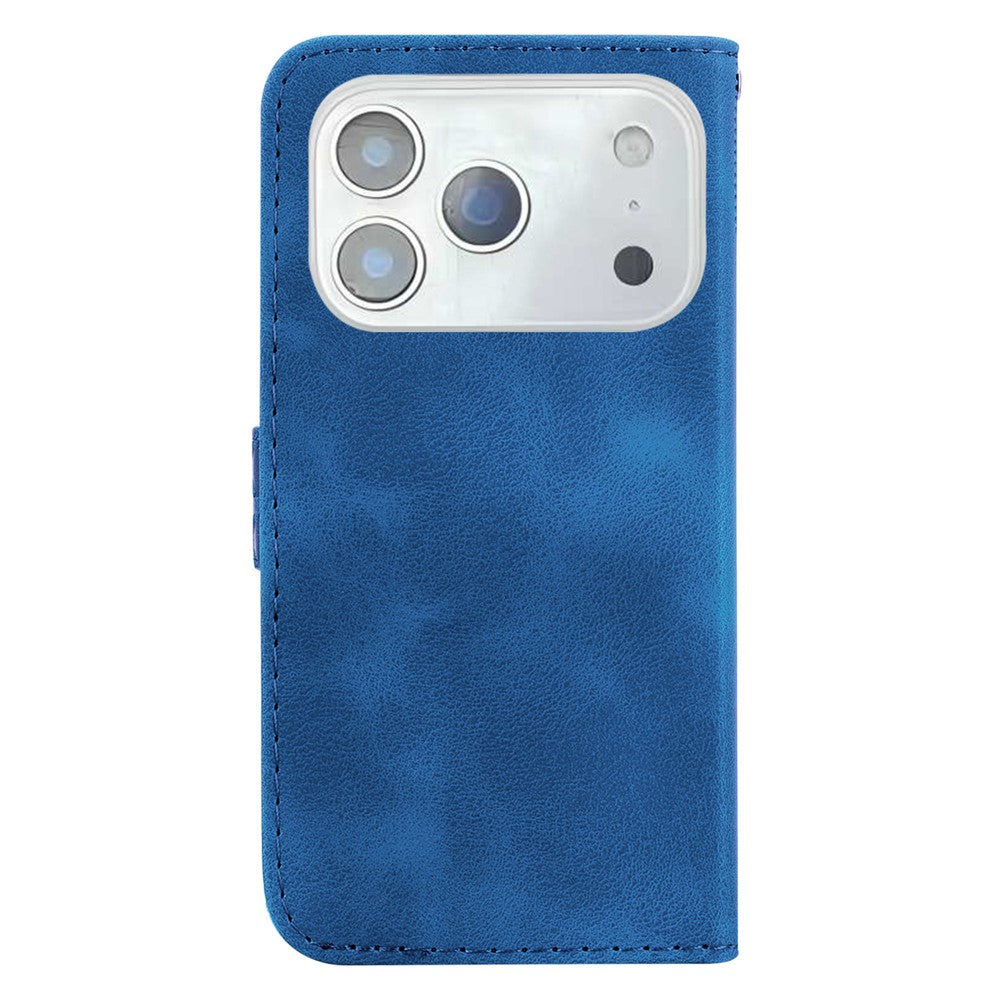 For iPhone 17 Pro Max Stand Case 7-Shaped Pattern Imprint Leather Phone Cover with Strap - Dark Blue