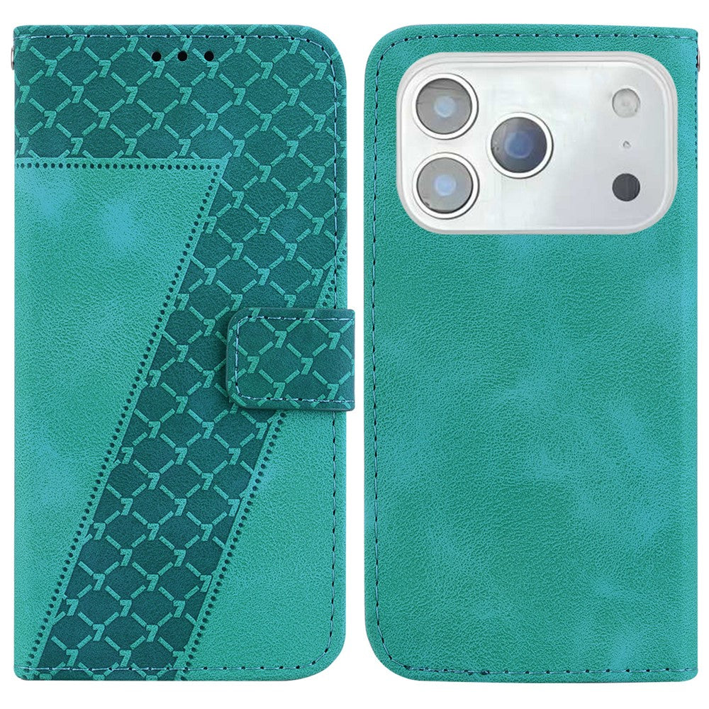 For iPhone 17 Pro Max Stand Case 7-Shaped Pattern Imprint Leather Phone Cover with Strap - Green