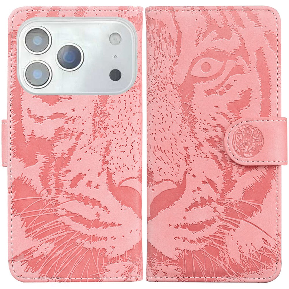 For iPhone 17 Pro Max Case Tiger Imprint Leather Wallet Phone Cover - Pink