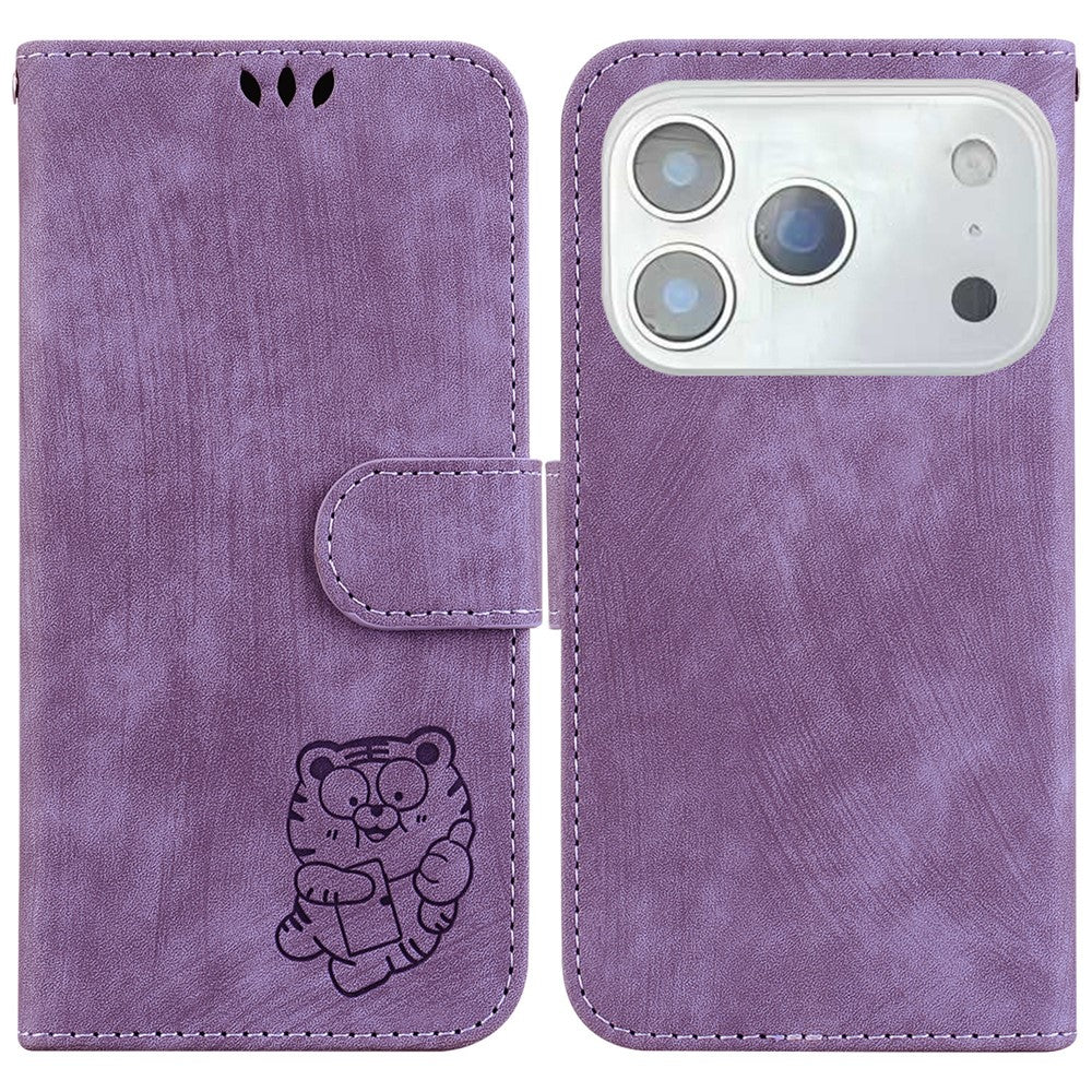 For iPhone 17 Pro Max Wallet Case Tiger Imprint Leather Shockproof Phone Cover with Wrist Strap - Purple