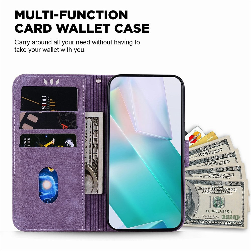 For iPhone 17 Pro Max Wallet Case Tiger Imprint Leather Shockproof Phone Cover with Wrist Strap - Purple