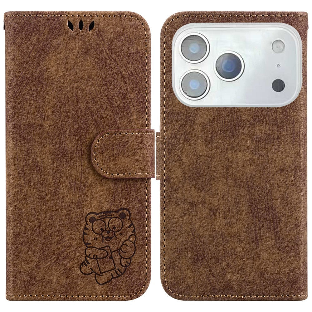 For iPhone 17 Pro Max Wallet Case Tiger Imprint Leather Shockproof Phone Cover with Wrist Strap - Brown