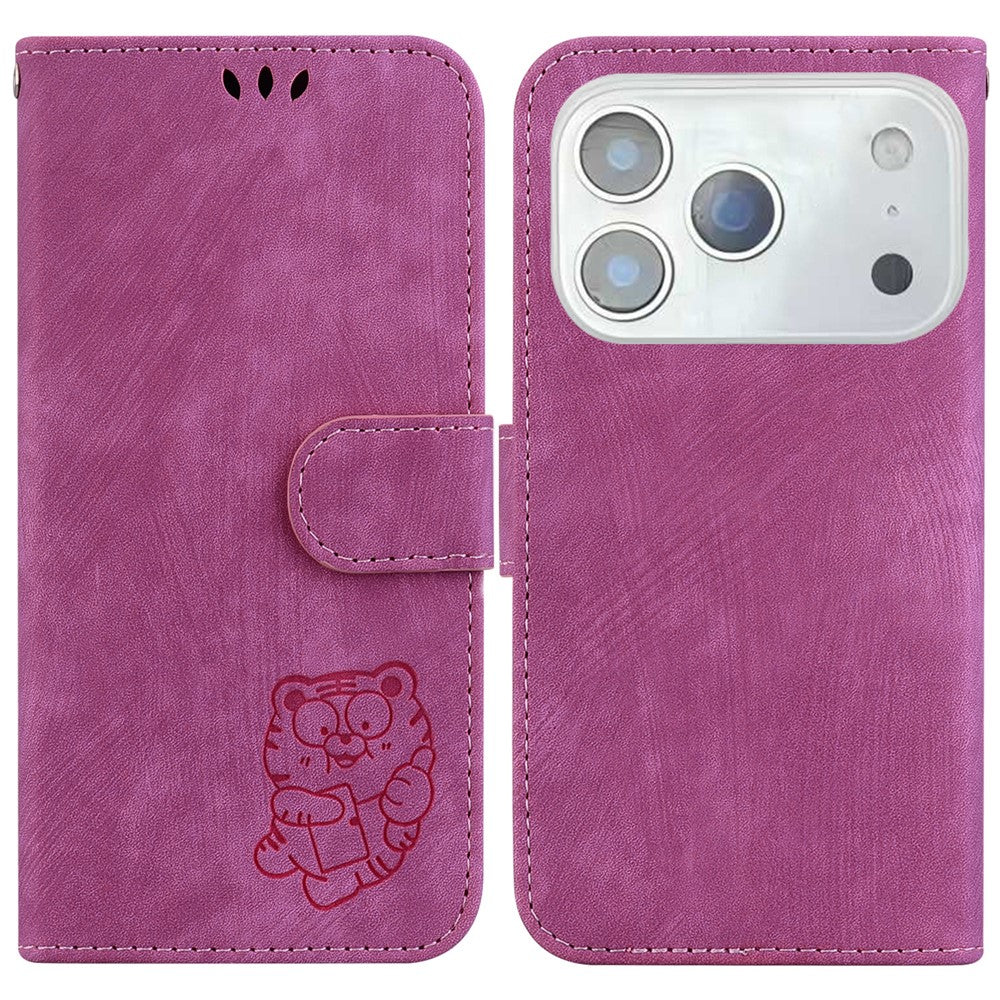 For iPhone 17 Pro Max Wallet Case Tiger Imprint Leather Shockproof Phone Cover with Wrist Strap - Rose